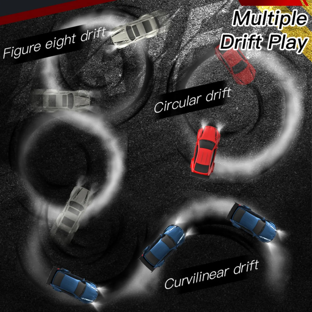 A diagram showing different circular and figure-eight drifting patterns performed by miniature remote-controlled cars.