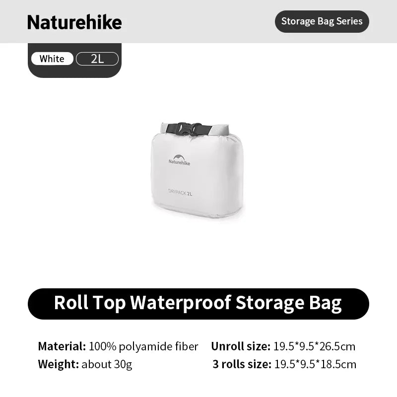 Naturehike Rolled Waterproof Storage Bag - Lightweight Compression Organizer – White 2L
