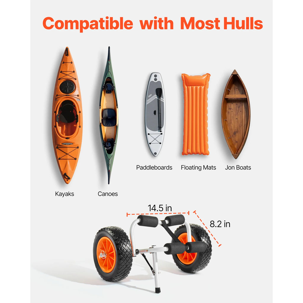 A chart showing various boats and paddleboards compatible with the kayak cart