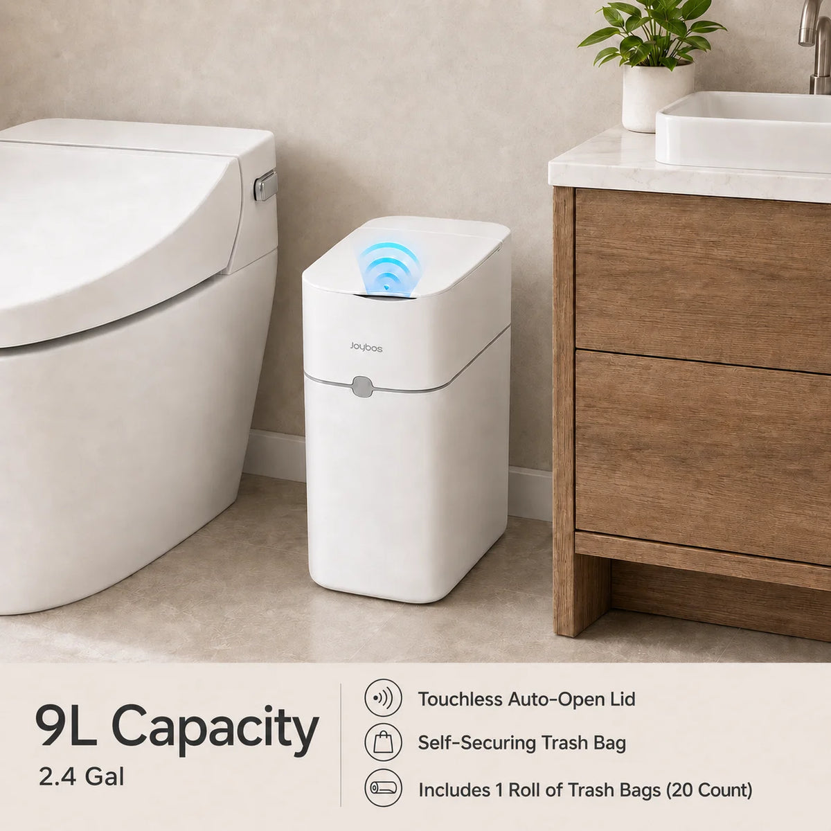 Joybos 9L Touchless Trash Can with Motion Sensor and Auto Bag-Suction – White