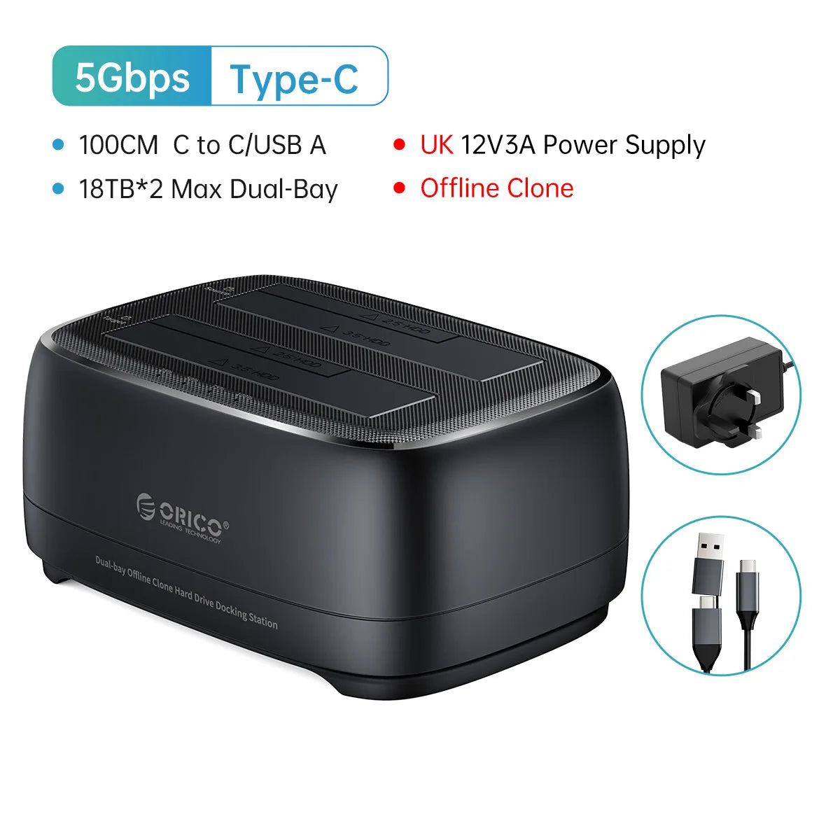 Orico Dual-Bay Hard Drive Docking Station for 2.5/3.5-inch SATA SSD/HDD – Type-C UK Plug