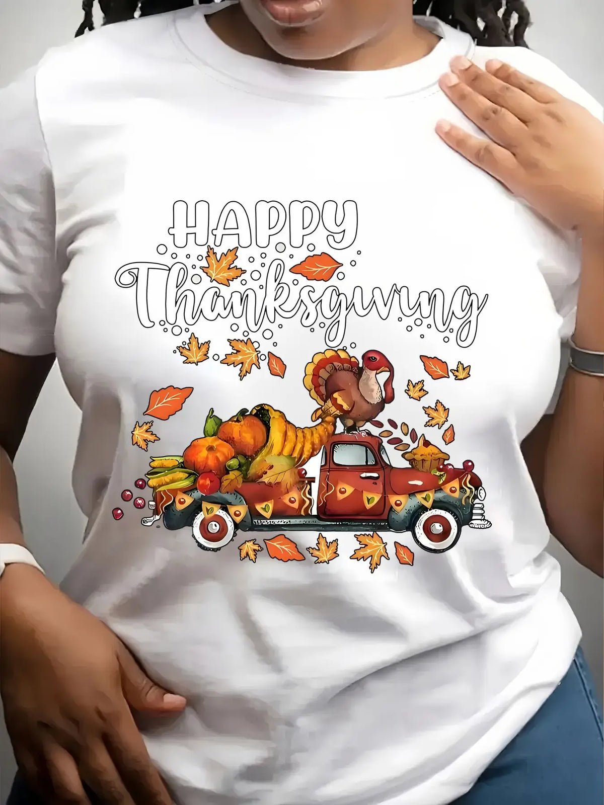 White crew neck t-shirt with a vintage truck carrying a turkey and autumn harvest illustration