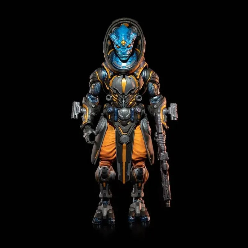 Cosmic Legions space alien action figure with orange pants and dome helmet, front view