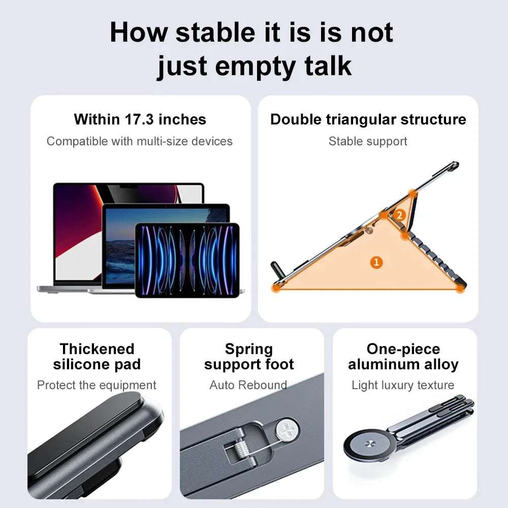 Diagram showing the stability and design features of a folding aluminum alloy device stand