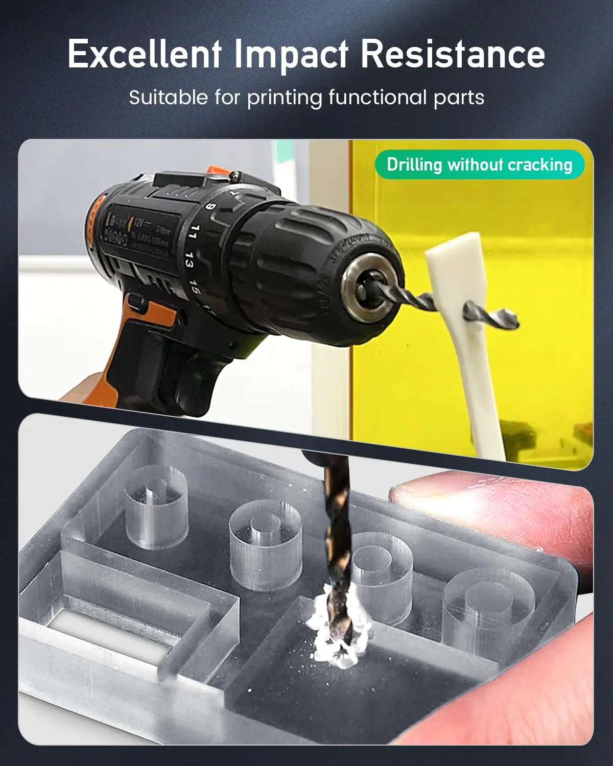 A drill bit being used on 3D printed resin parts to demonstrate impact resistance.