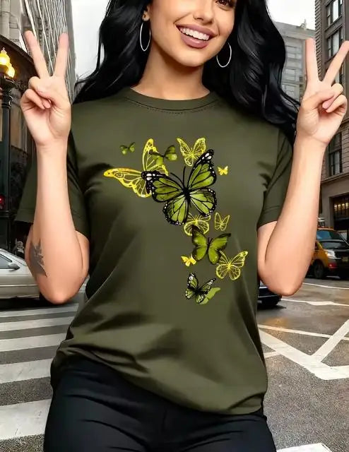 Purple Butterfly Print T-Shirt with Golden Design, 100% Cotton – Green