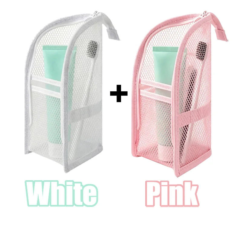 4-Piece Mesh Toiletry Bag Set, Foldable Waterproof Travel Organizer – WhitePink-2PCS