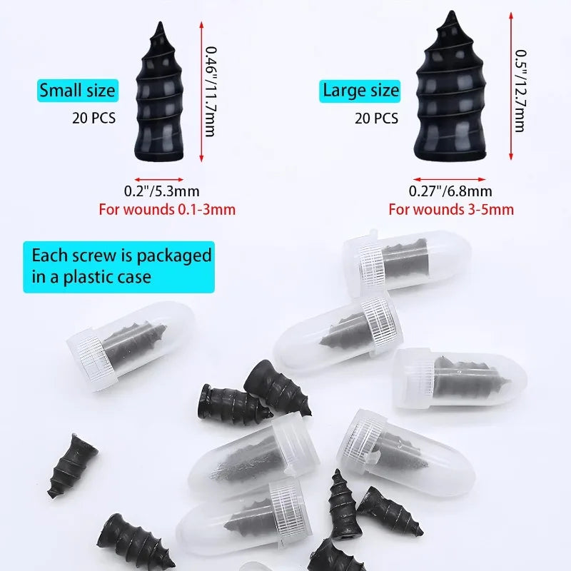 Black tire repair rubber screws with dimensions and packaging description
