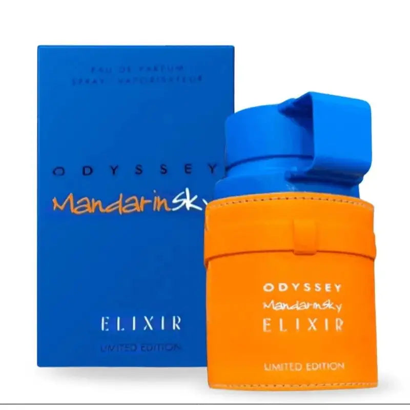 Orange fragrance bottle in a leather sleeve with a blue cap next to its blue packaging box