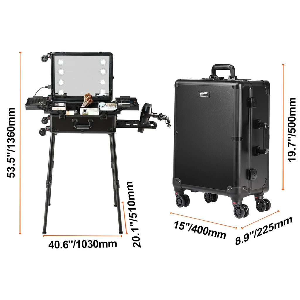 Professional Rolling Makeup Train Case with LED Mirror and Workbench – Type C