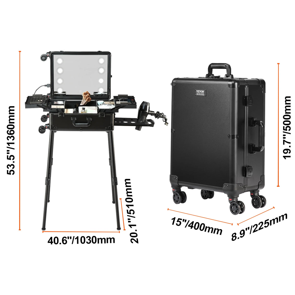 Professional Rolling Makeup Train Case with LED Mirror and Workbench – Type C