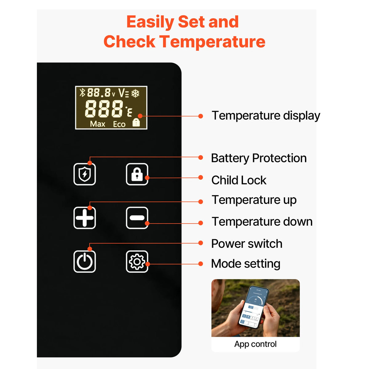 Close up of portable car refrigerator control panel with labels for each button