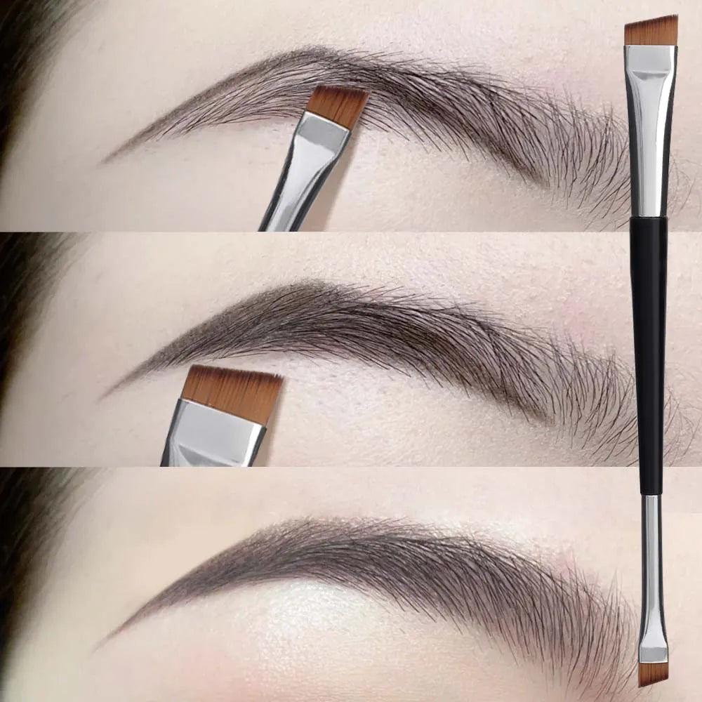 Comparison of different angled brush tips applying eyebrow makeup