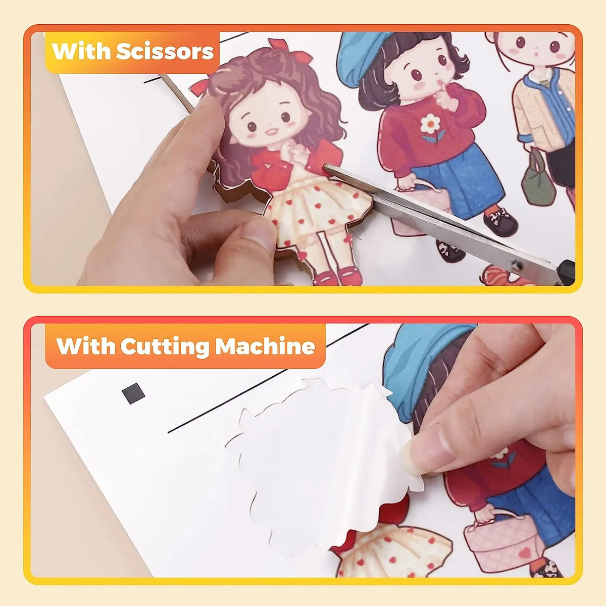 Demonstration of cutting custom stickers with scissors and a cutting machine