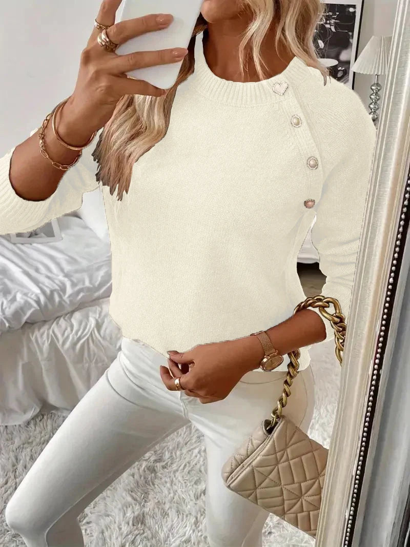 Women's Asymmetrical Gold Button Crew Neck Knit Sweater – White