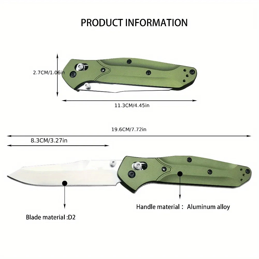 Technical diagram showing dimensions and materials for an olive green folding knife.