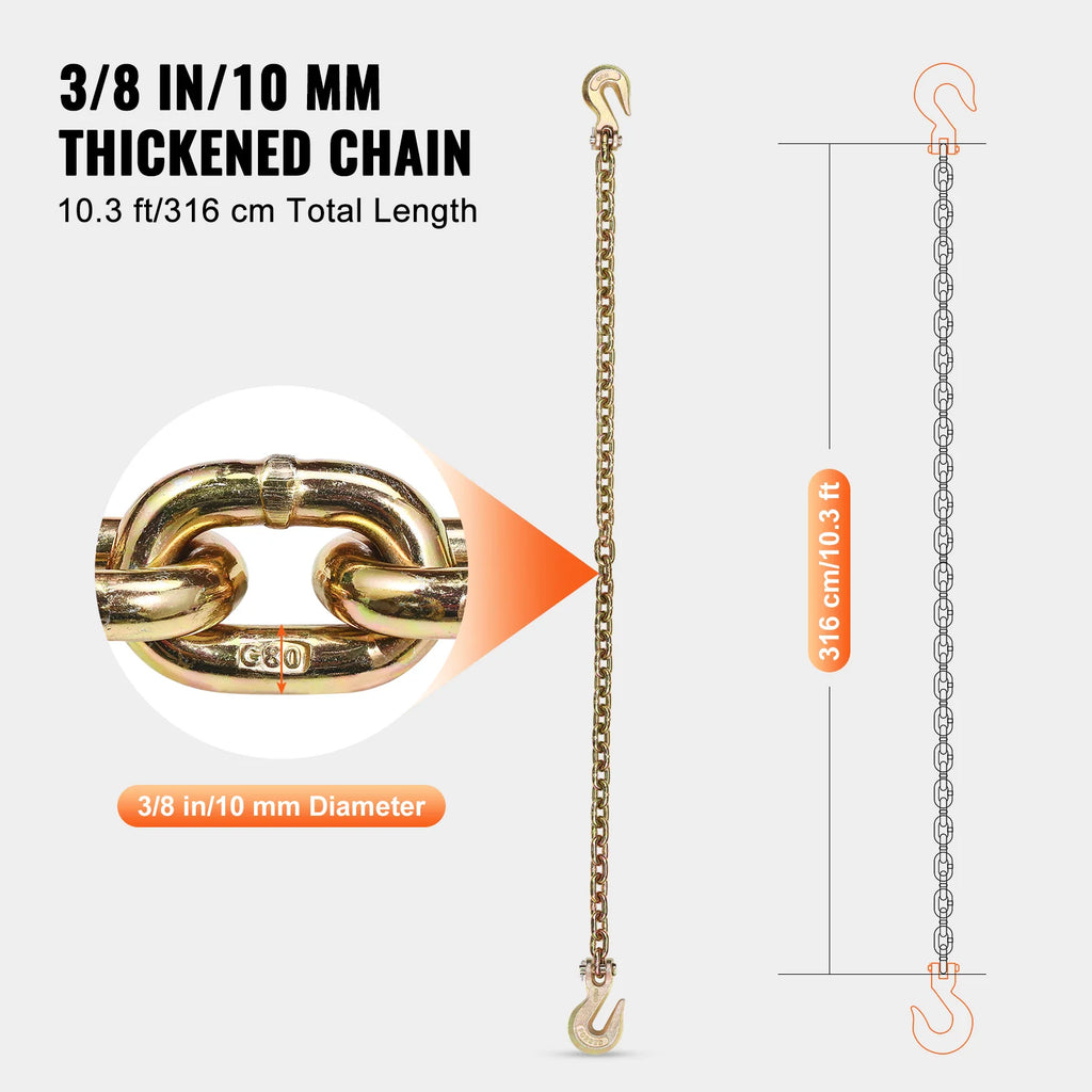 SucceBuy 2-Pack G80 Transport Binder Chain 3/8" 5/16" Tow Chain with Clevis Hook Logging Chain for Towing Truck Tie Down – view 4
