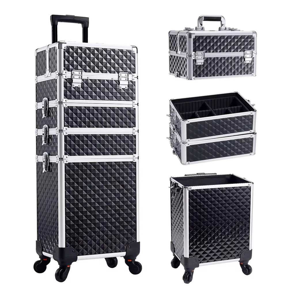 Maxulene Makeup Trolley Case with 4 Detachable Compartments and Spinner Wheels – Classcical Black