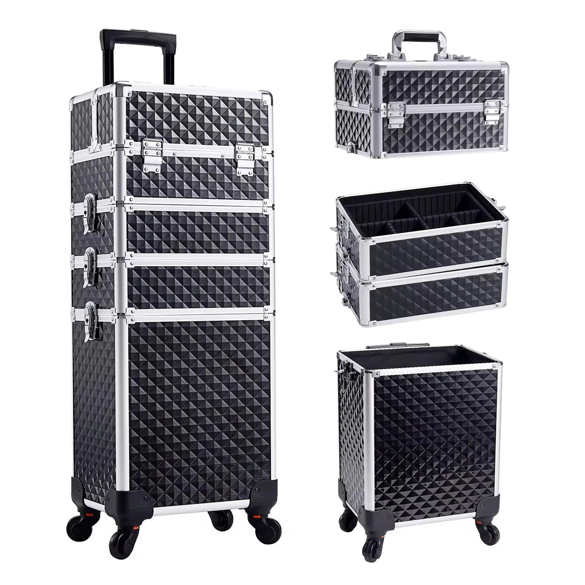Maxulene Makeup Trolley Case with 4 Detachable Compartments and Spinner Wheels – Classcical Black