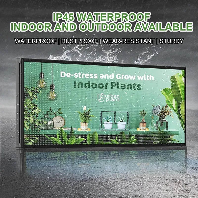 Digital LED display board showing a promotional advertisement for indoor plants
