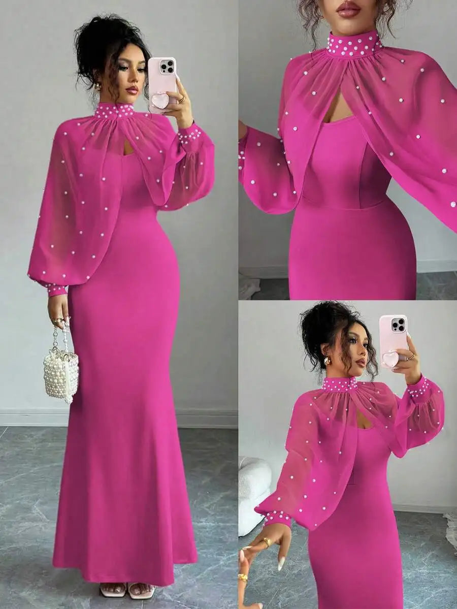 Elenzga Mermaid Evening Gown with Beaded Cloak Sleeves – HotPink