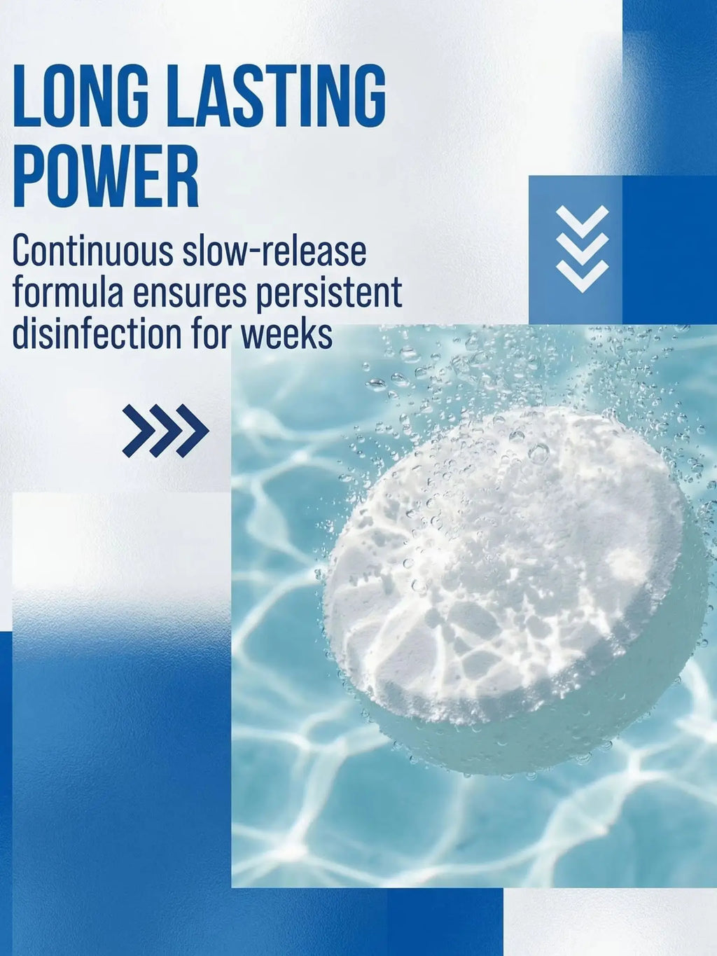 A single white pool chlorine tablet dissolving in water, with informational text overlay.
