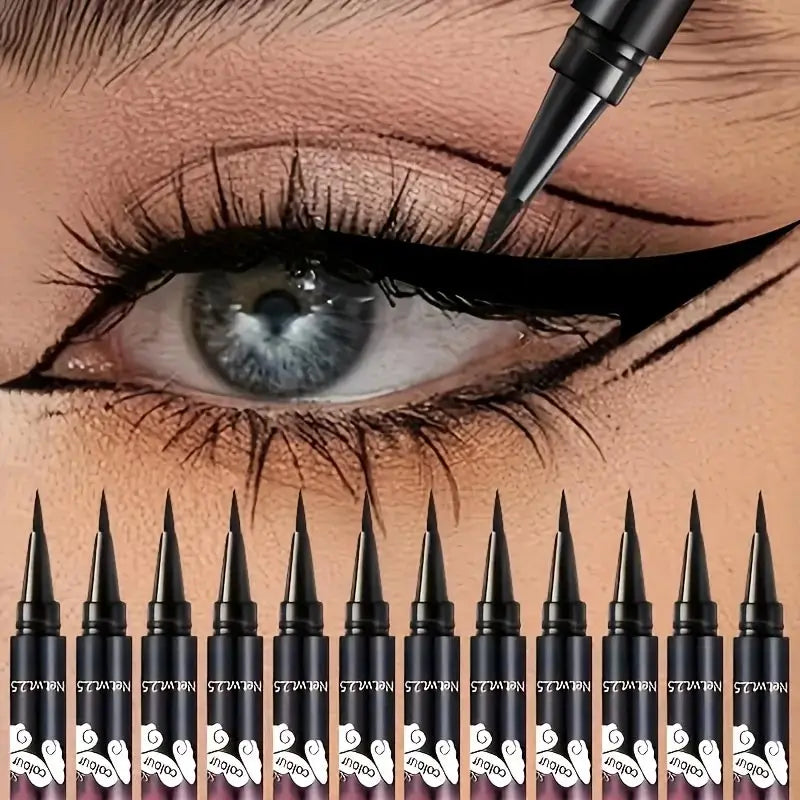 Twelve black liquid eyeliner pens arranged in a row below a close-up of a winged eyeliner makeup application