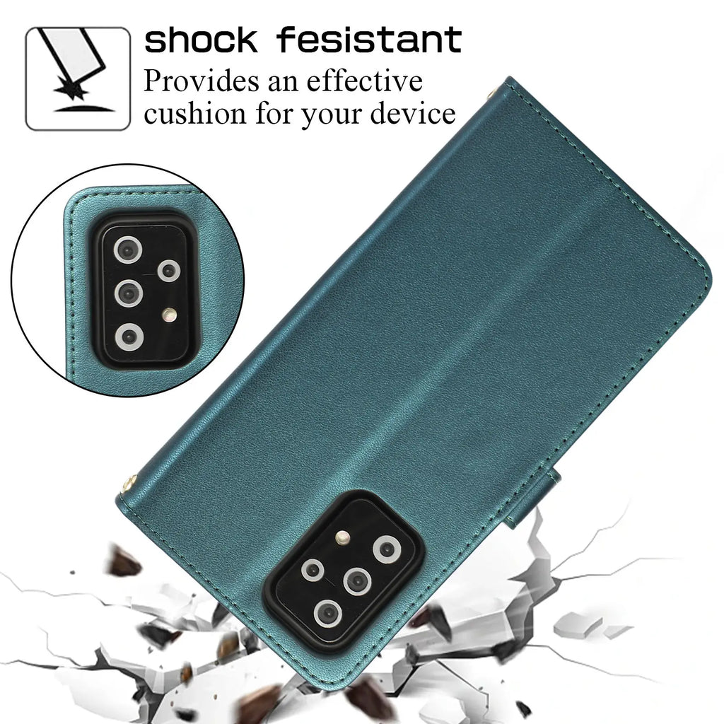 Green wallet phone case and close up of camera cutouts.
