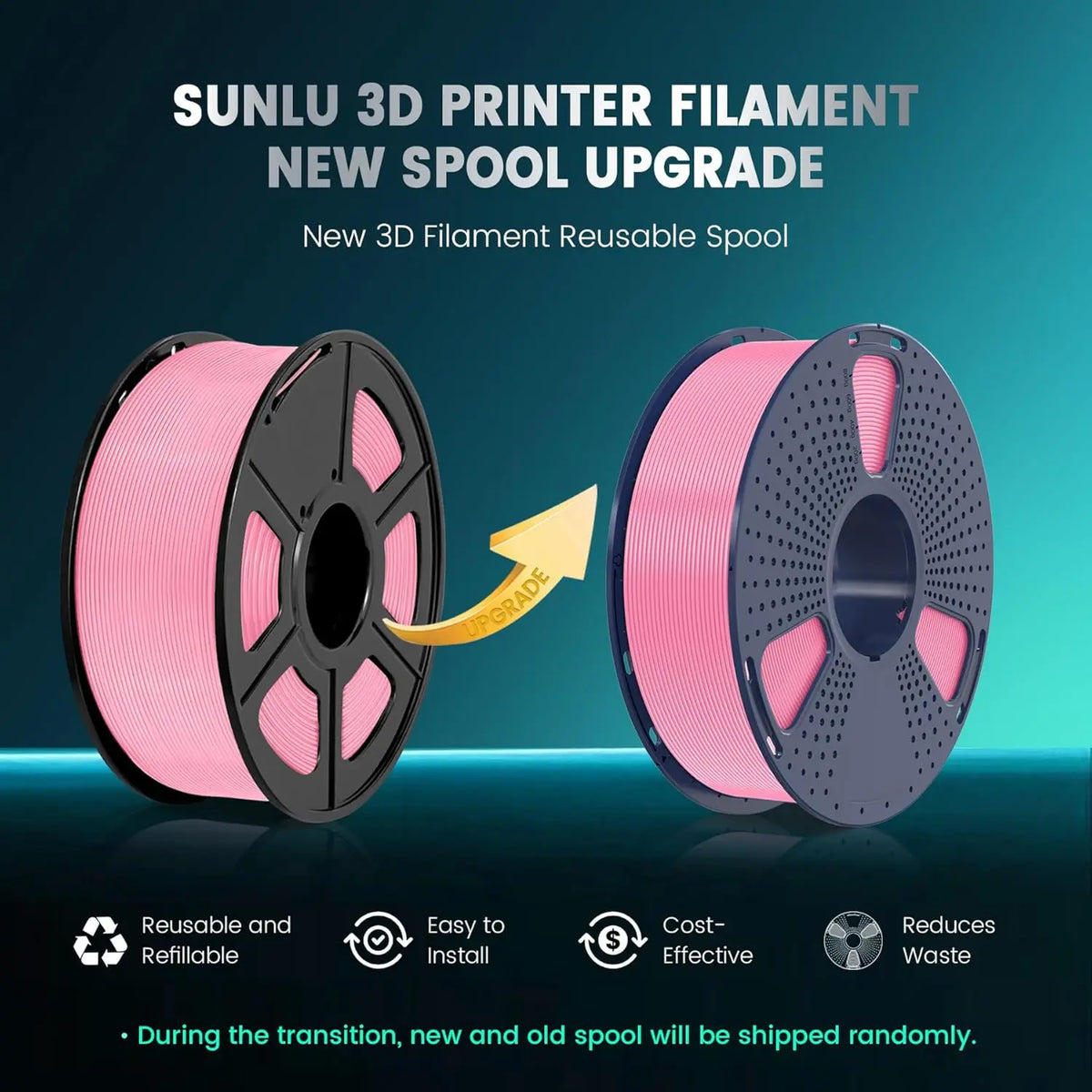 Five spools of Sunlu PLA+ 3D printer filament in various colors neatly wound for FDM printing – view 2