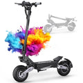 Black electric scooter with a colorful smoke effect on a white background