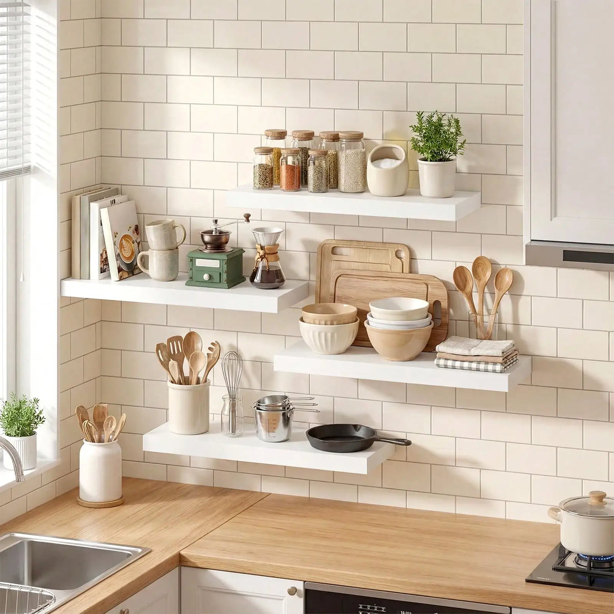 Four white floating shelves installed on a tiled kitchen backsplash, holding kitchenware, spices, and wooden utensils