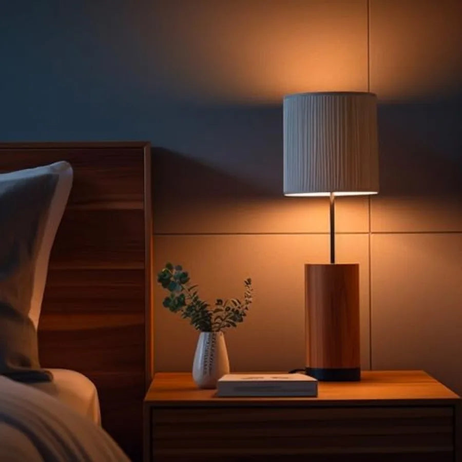 Finished lamp on a wooden nightstand in a bedroom