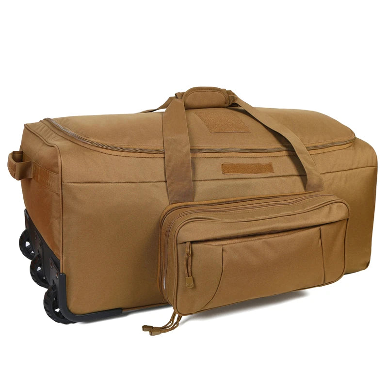 124L Large Tactical Rolling Duffel Bag with Three-Wheel System – Brown