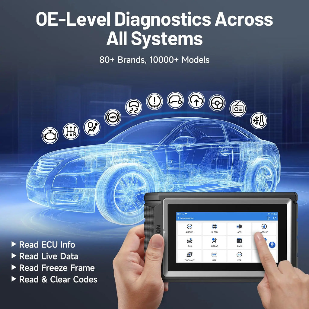 Vehicle diagnostic scanner displaying full system coverage with OBD2 data readouts.