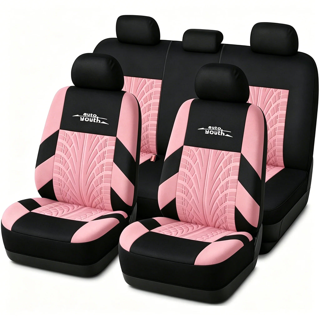 Autoyouth Universal Car Seat Cover Set with Tire Track Detail – Pink