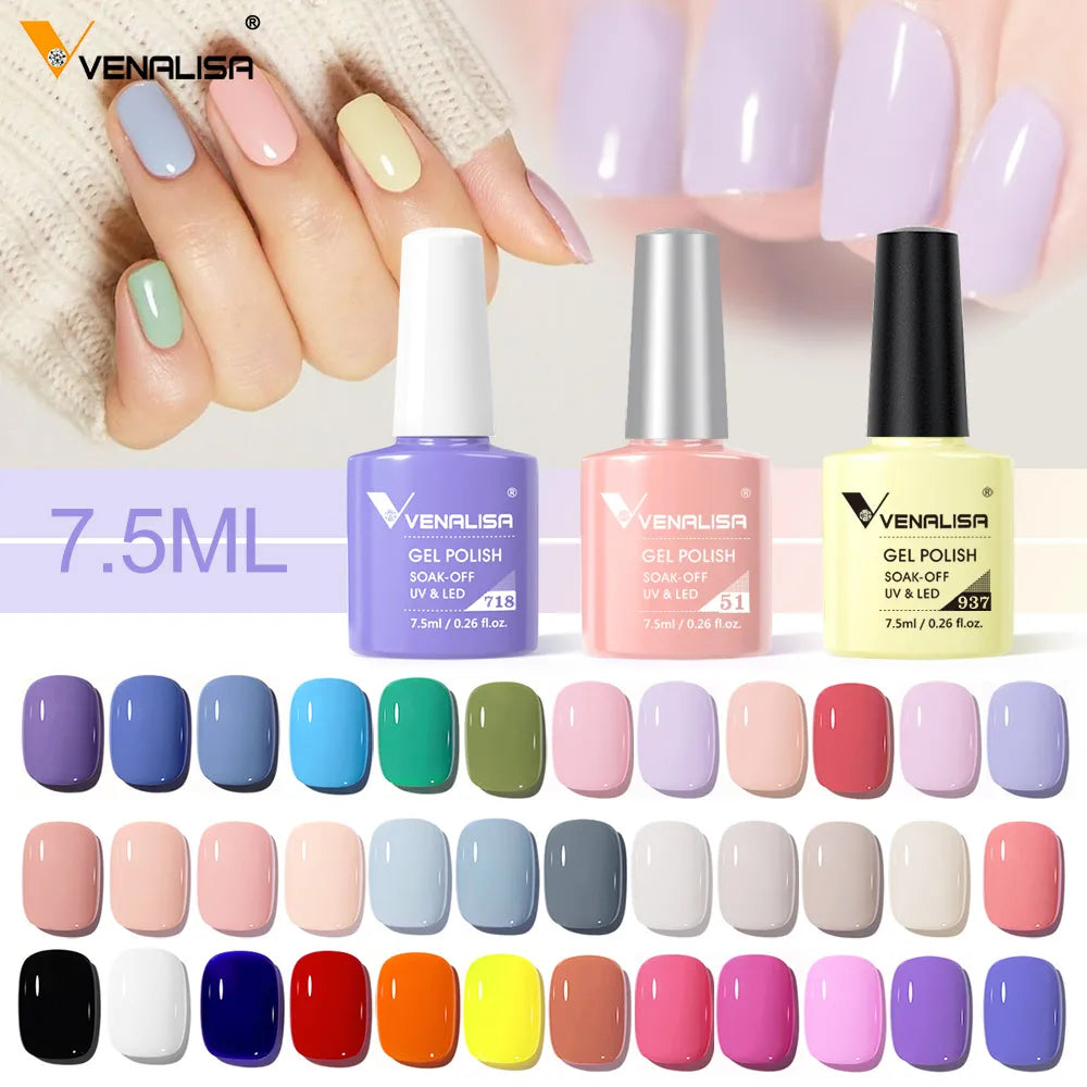 Collection of various colored gel polish bottles and color swatches on display.