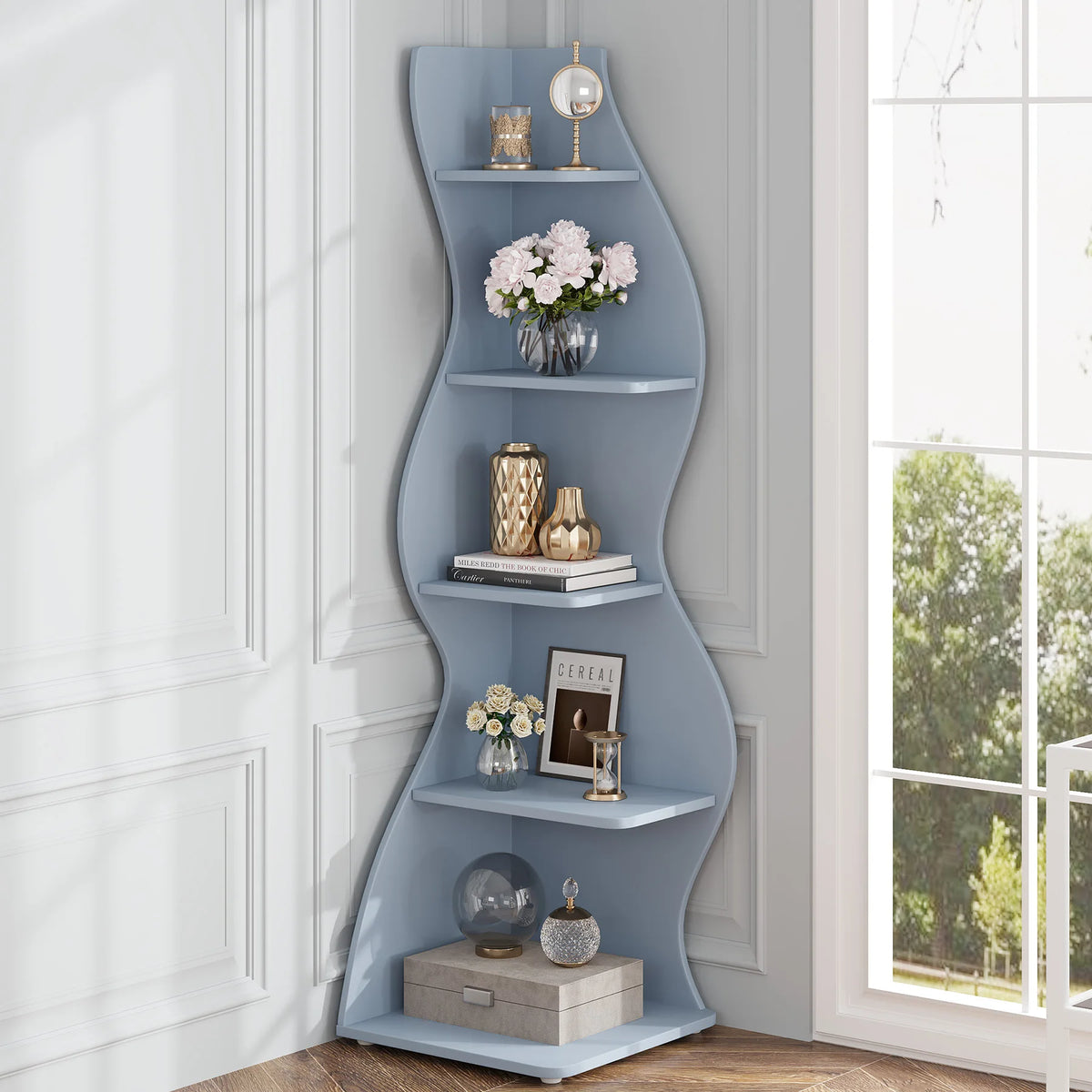 Tribesigns 5-Tier Corner Bookshelf, 19.6"D x 18.8"W x 69.8"H – Blue