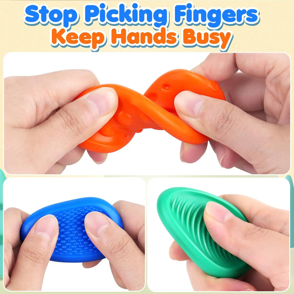 Hands holding various textured silicone sensory stones