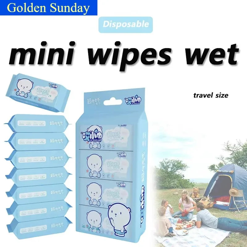Blue travel-size wet wipe packs with a cute bear character and outdoor camping scene.