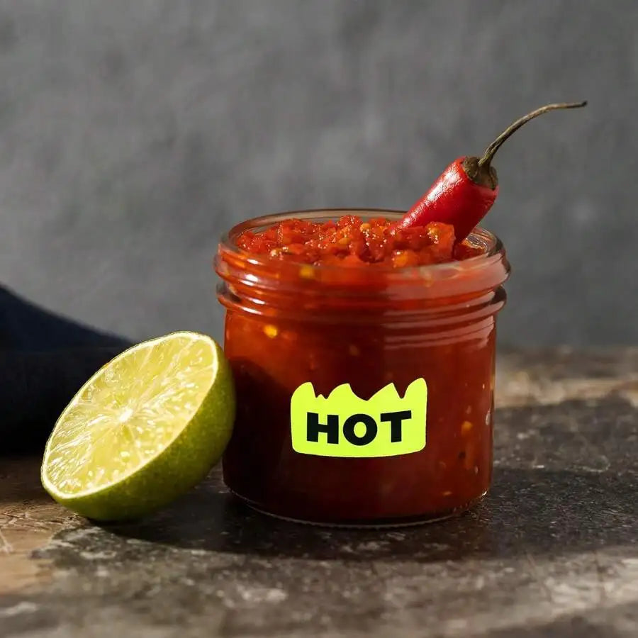 A glass jar of chili paste with a flame-shaped HOT sticker on it next to a lime and red chili