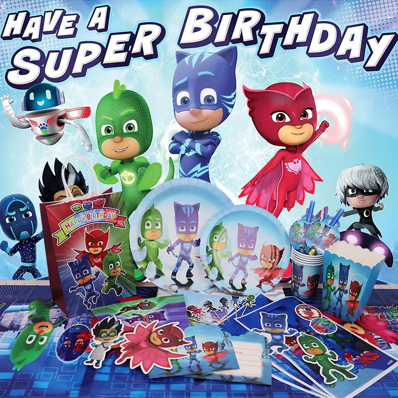 PJ Masks themed birthday party set including a banner, plates, cups, and party favors
