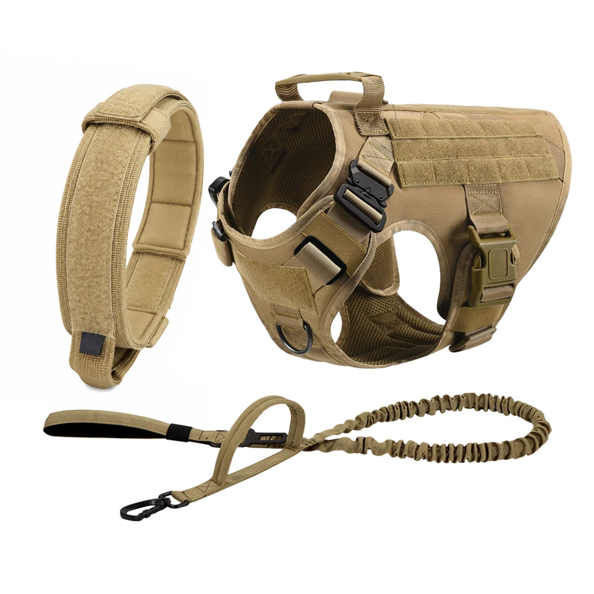 Tactical Dog Harness with Collar and Leash for Medium to Large Dogs – Brown 3 Pieces