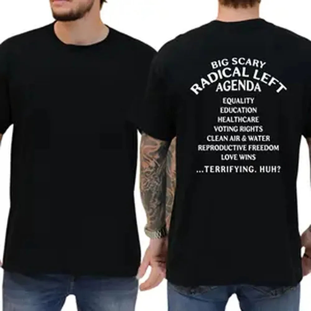 A black t-shirt with political text on the back, shown on a man from front and back views.