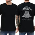 A black t-shirt with political text on the back, shown on a man from front and back views.