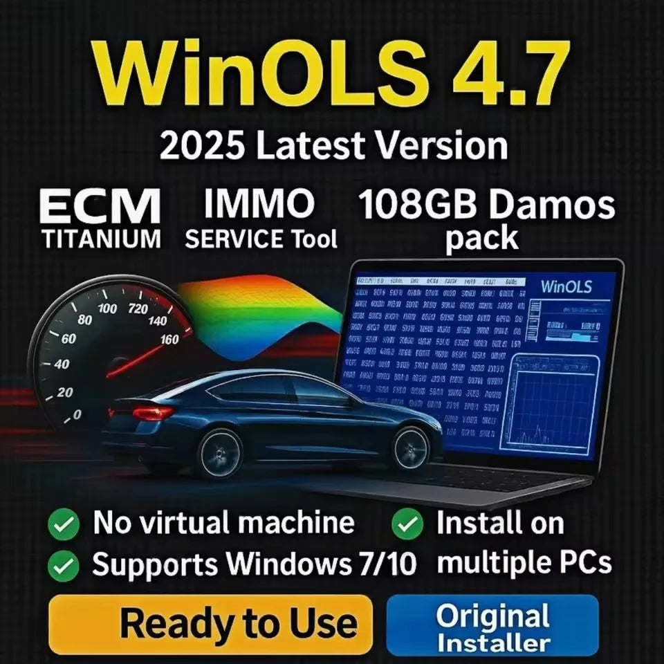 Automotive ECU tuning and remapping software suite featuring performance Damos files, IMMO tools and performance data graphs