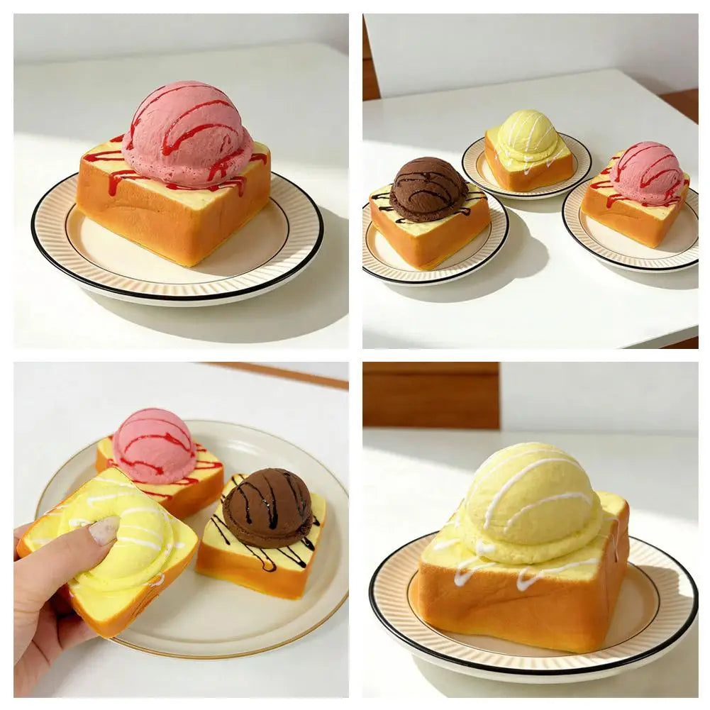 Multiple views of various ice cream bread squishy toys on small plates