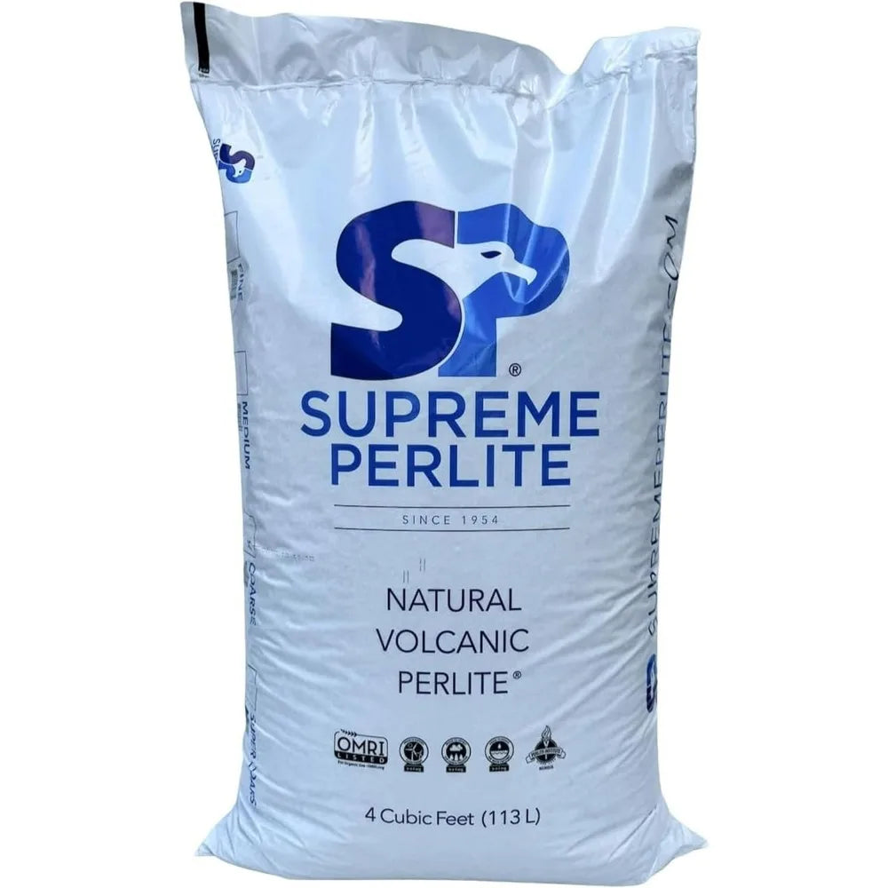 A white bag of natural volcanic perlite, 4 cubic feet, with blue logo and text details.