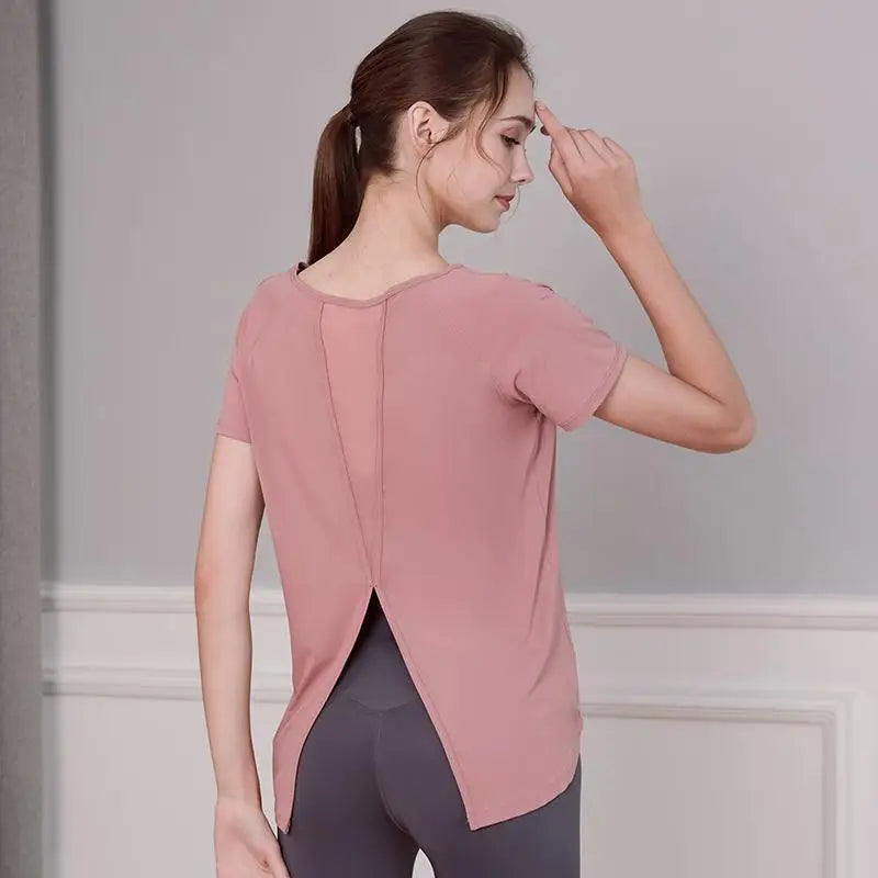 Women's Short Sleeve Yoga Shirt with Mesh Back and Cross Wrap – E