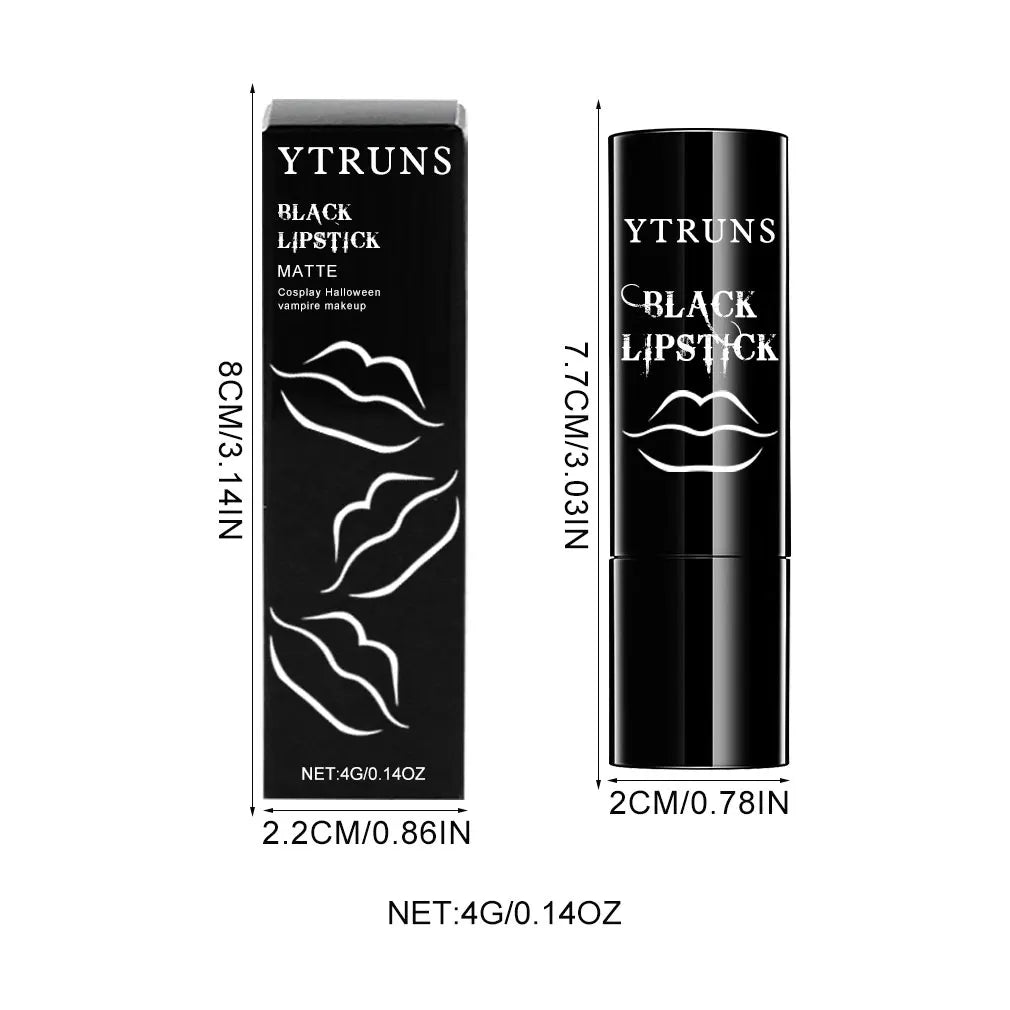 Product dimensions chart for a black lipstick tube and its packaging
