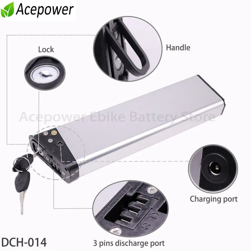 Silver e-bike battery showing lock, handle, charging port, and 3-pin discharge port features.